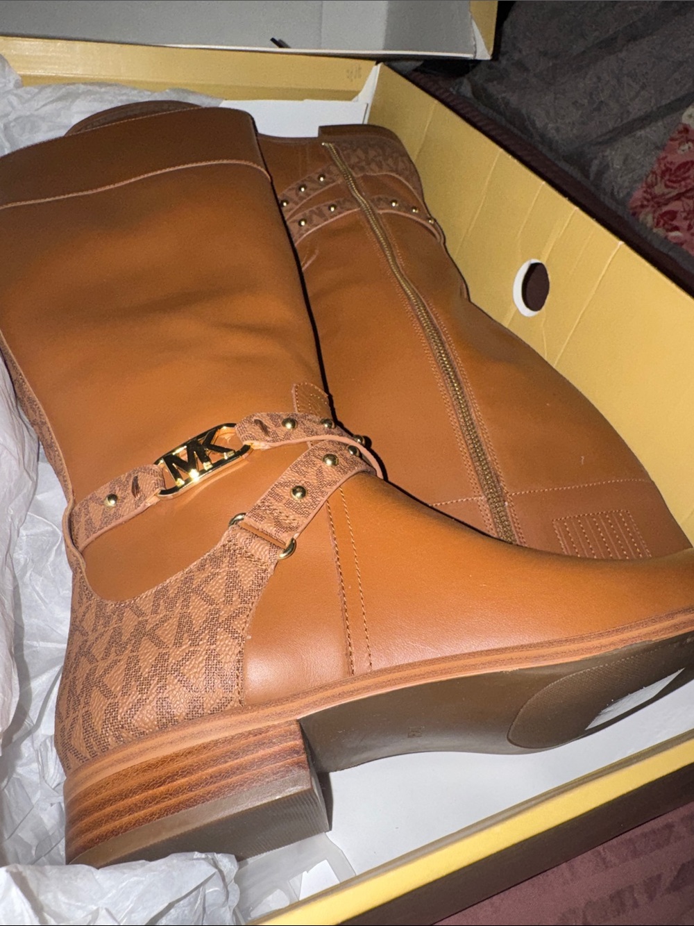Michael Kors Leather Tall Riding Boots with MK Logo Strap